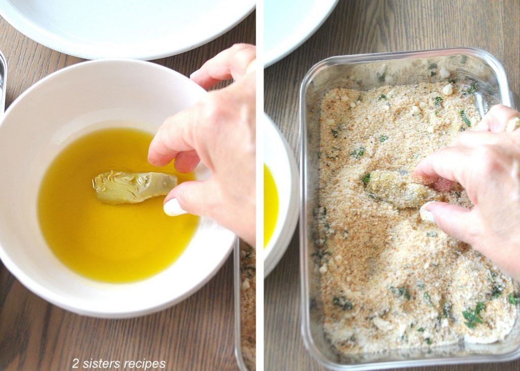 Photo of dipping artichoke in olive oil. by 2sistersrecipes.com 