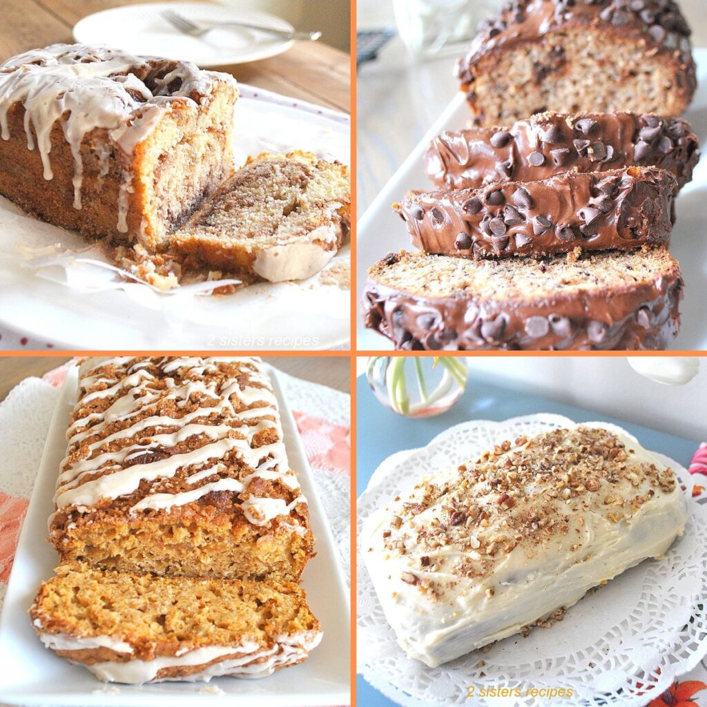 Four quick breads sliced and served on white plates.