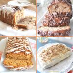Four quick breads sliced and served on white plates.