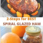 A baked ham with slices of oranges around the it, and a jar with 2 navel oranges.