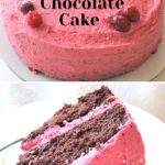 Cranberry Buttercream Chocolate Cake served on a white plate.