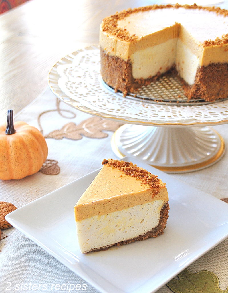Best No-Bake Pumpkin Cheesecake served on a cake plate, and a slice is served on a square plate.
