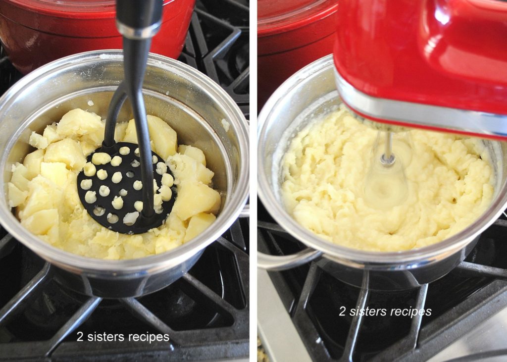 Potatoes in a pot filled with water, then drained. by 2sistersrecipes.com