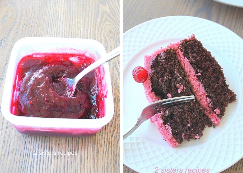Photo of the cranberry puree and a slice of cake on a plate. by 2sistersrecipes.com 