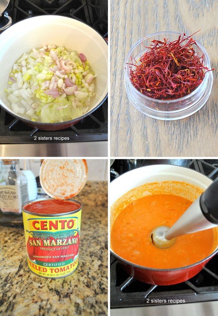 A white large pot sauteing veggies, a bunch of saffron strands in a small glass jar, and can of tomatoes opened, and blending the soup into a creamy mixture inside the pot. 