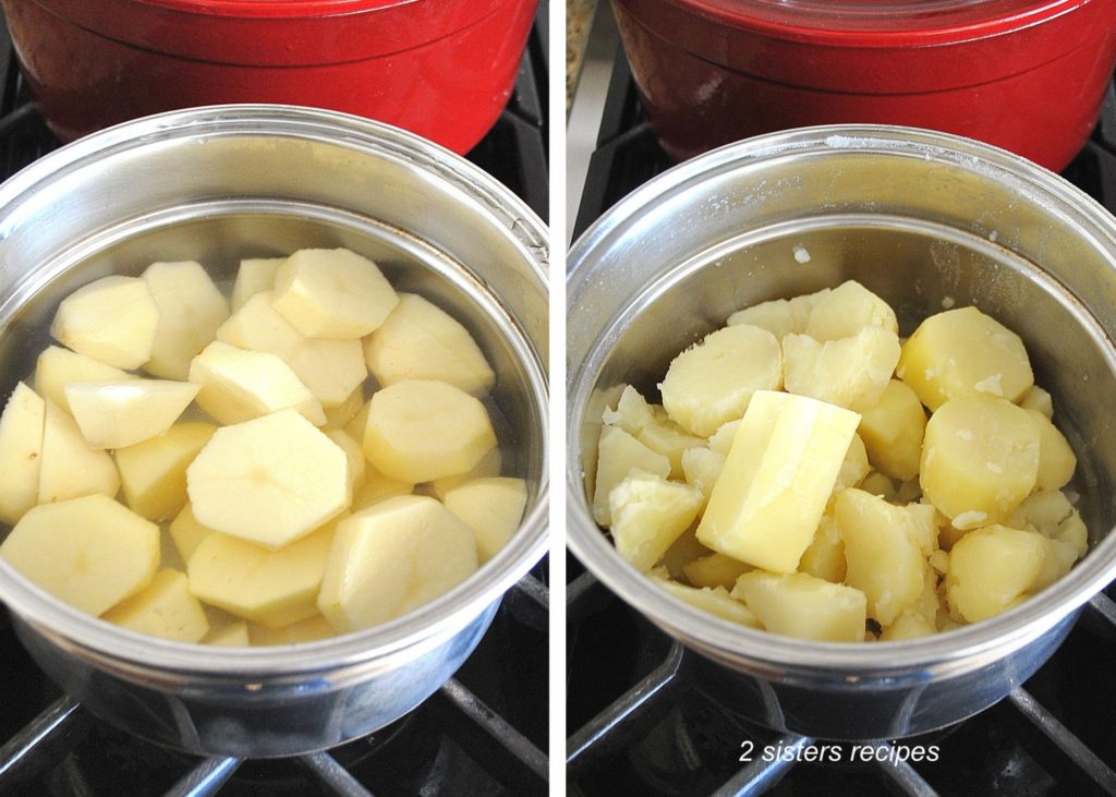 Potatoes in a pot of water then drained. by 2sistersrecipes.com 