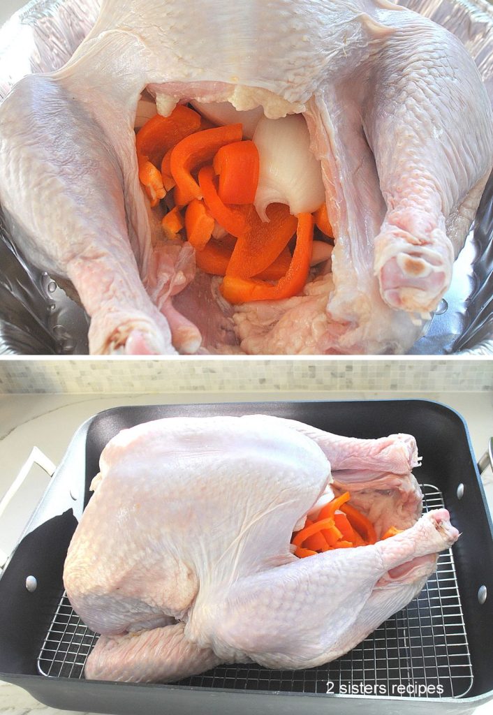 Two Photos of raw whole turkey sitting in a roasting pan. by 2sistersrecipes.com