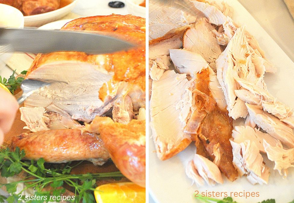 Carving slices of a fully cooked whole turkey. by 2sistersrecipes.com