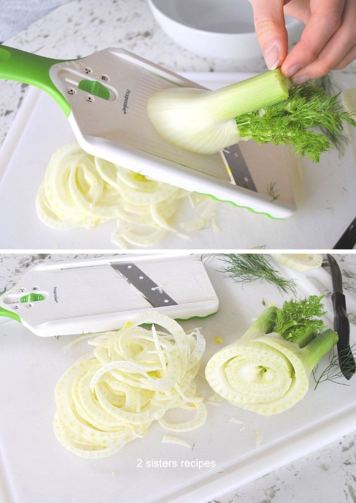 Shaving the fennel bulb with a mandoline slicer. 