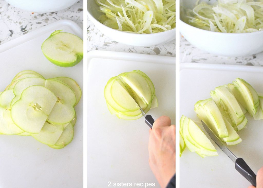 Slicing the apple thinly with a knife on a white cutting board.  