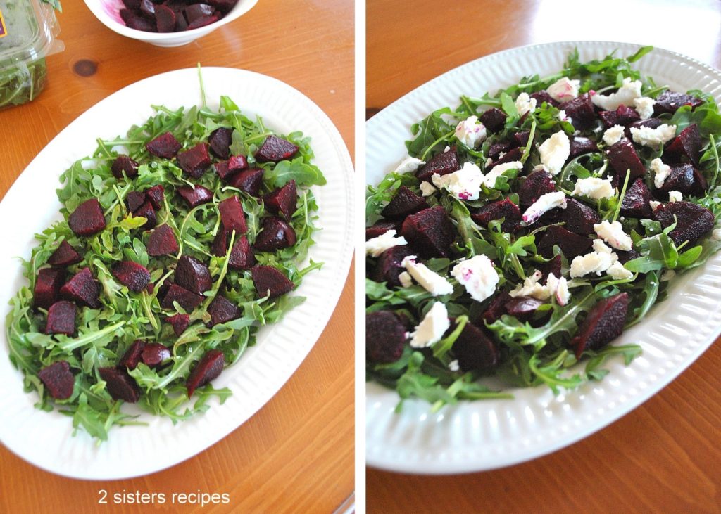  arugula and beets prepped  in a platter for serving. 