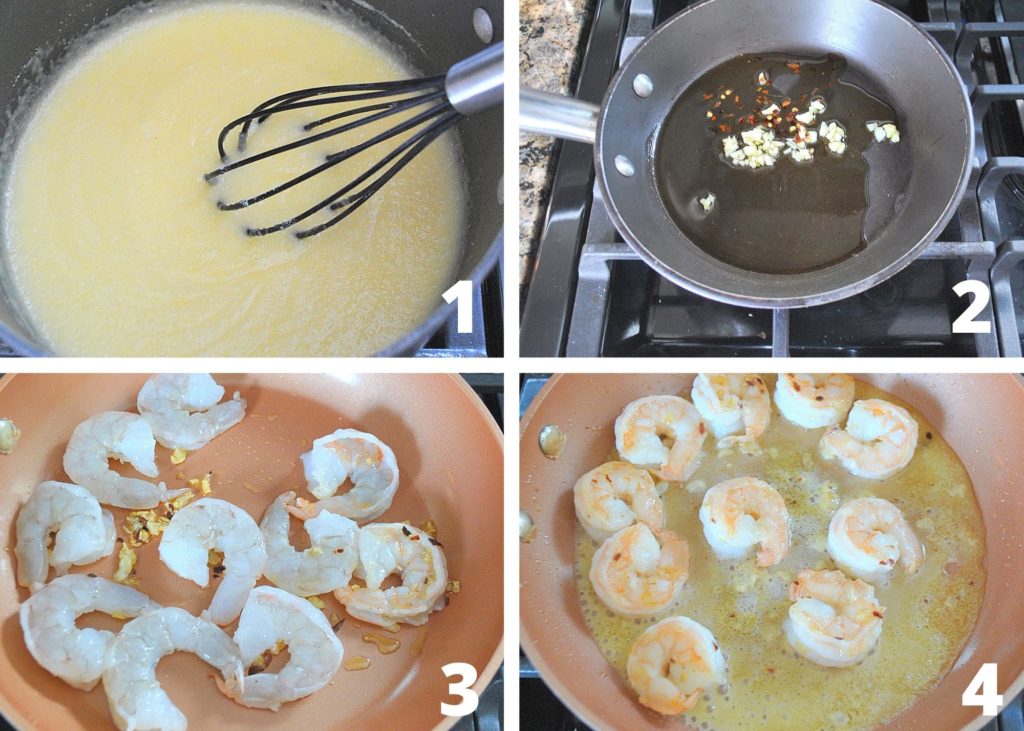 Photos of steps to make the polenta and shrimp in a skillet