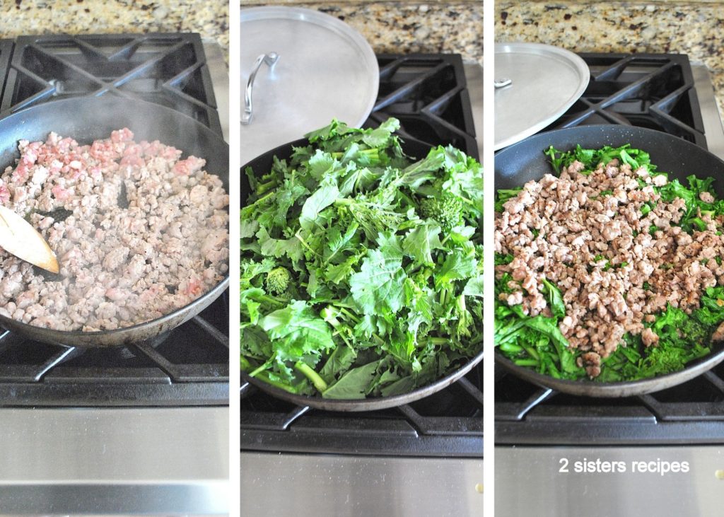 3 steps to cooking sausages in a skillet with broccoli rabe. 