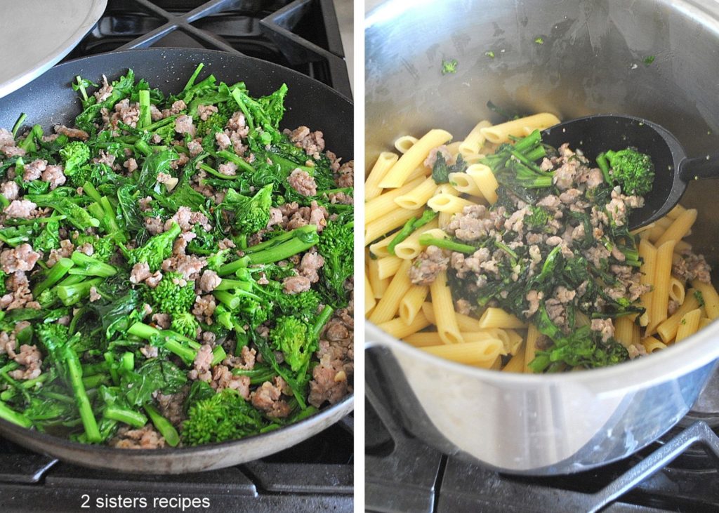 Skillet with broccoli rabe and crumbled sausages. 