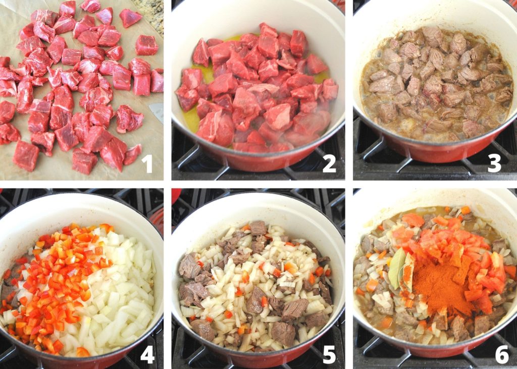 steps to prepping meat and vegetables in pot on stove.