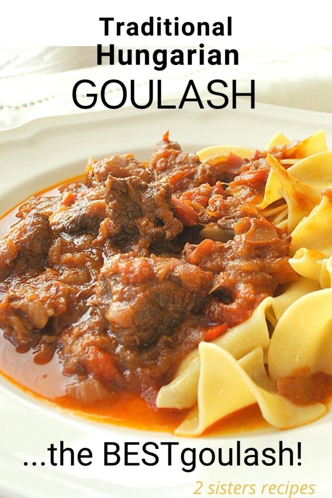 promo graphic for Hungarian Goulash featuring a meat sauce on noodles on a white plate