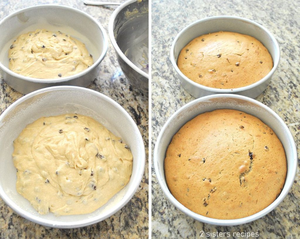 one photo of cake batter in baking pan, and the other is fully baked. by 2sistersrecipes.com