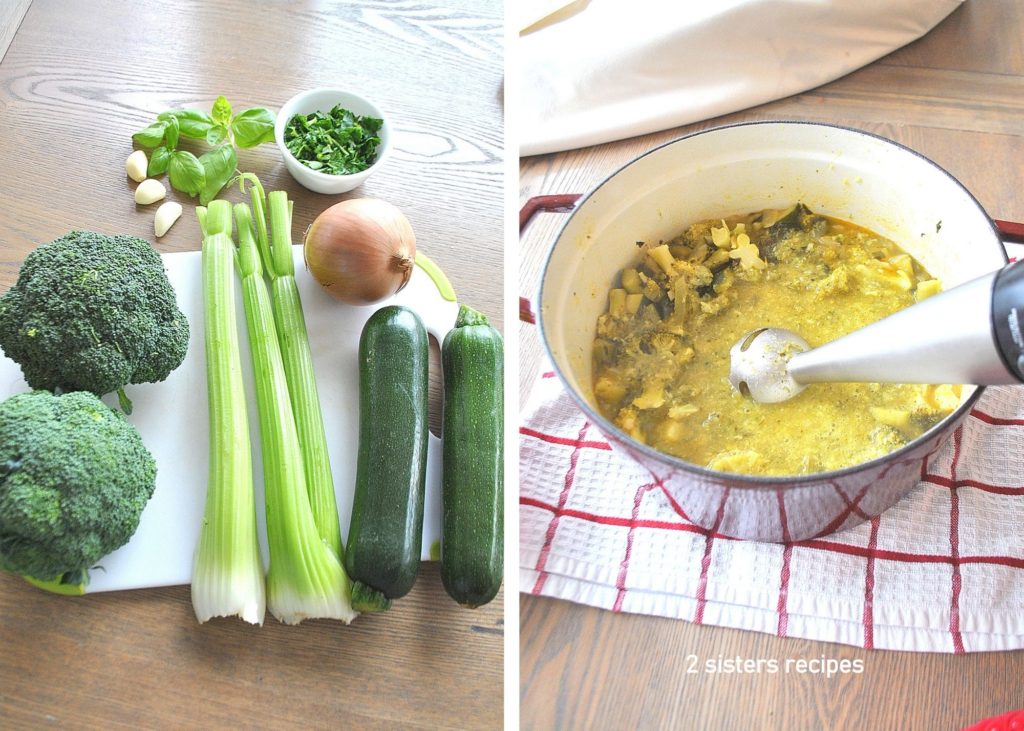2 photos, one with the ingredients on the table, and the other is a pot of soup with a immersion blender.  by 2sistersrecipes.com