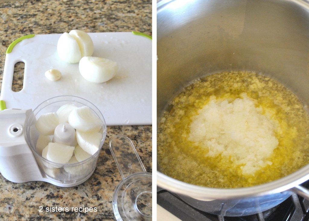 Chopped onions in a large pot. by 2sistersrecipes.com