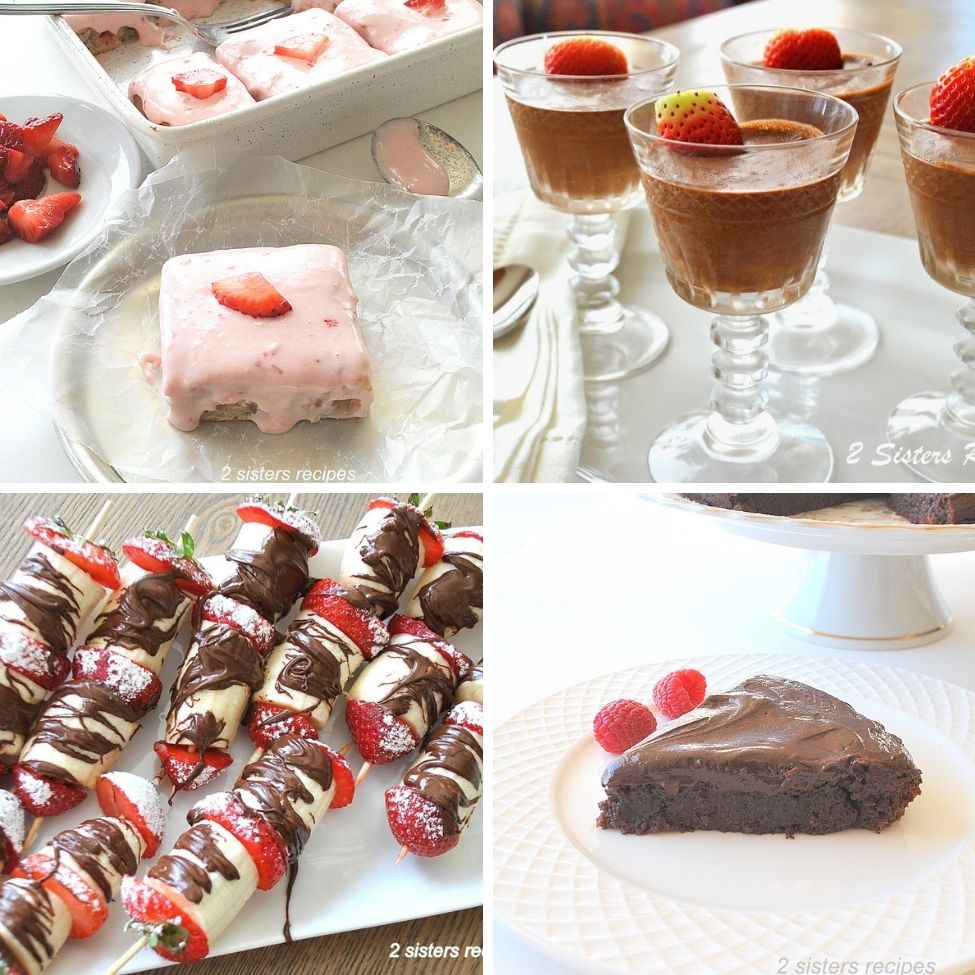 Chocolate mousse, small snack cake with strawberry on top, plus s slice of chocolate cake on a white plate as Valentine's Treats.