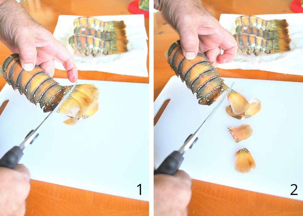Steps to cutting lobster tails. by 2sistersrecipes.com