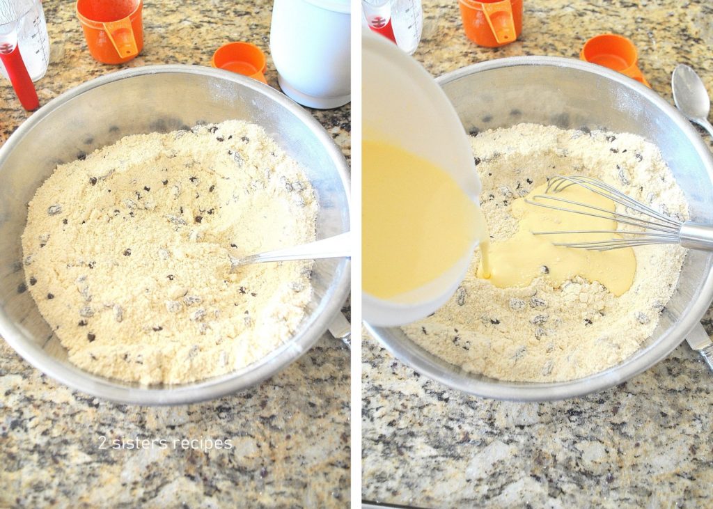 Photo of the dry ingredients in a bowl and liquid poured into the mixing bowl. by 2sistersrecipes.com 