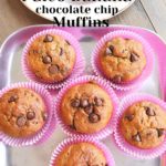 Six chocolate chip muffins are placed on a silver tray.