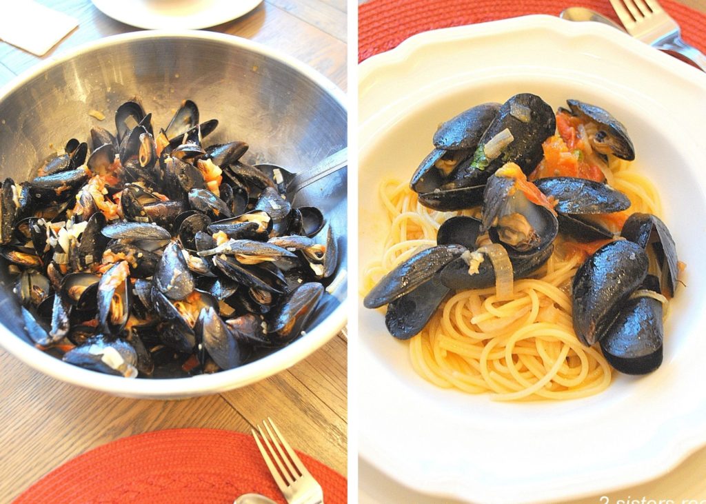 Photo of mussels in a bowl and over spaghetti. by 2sistersrecipes.com 