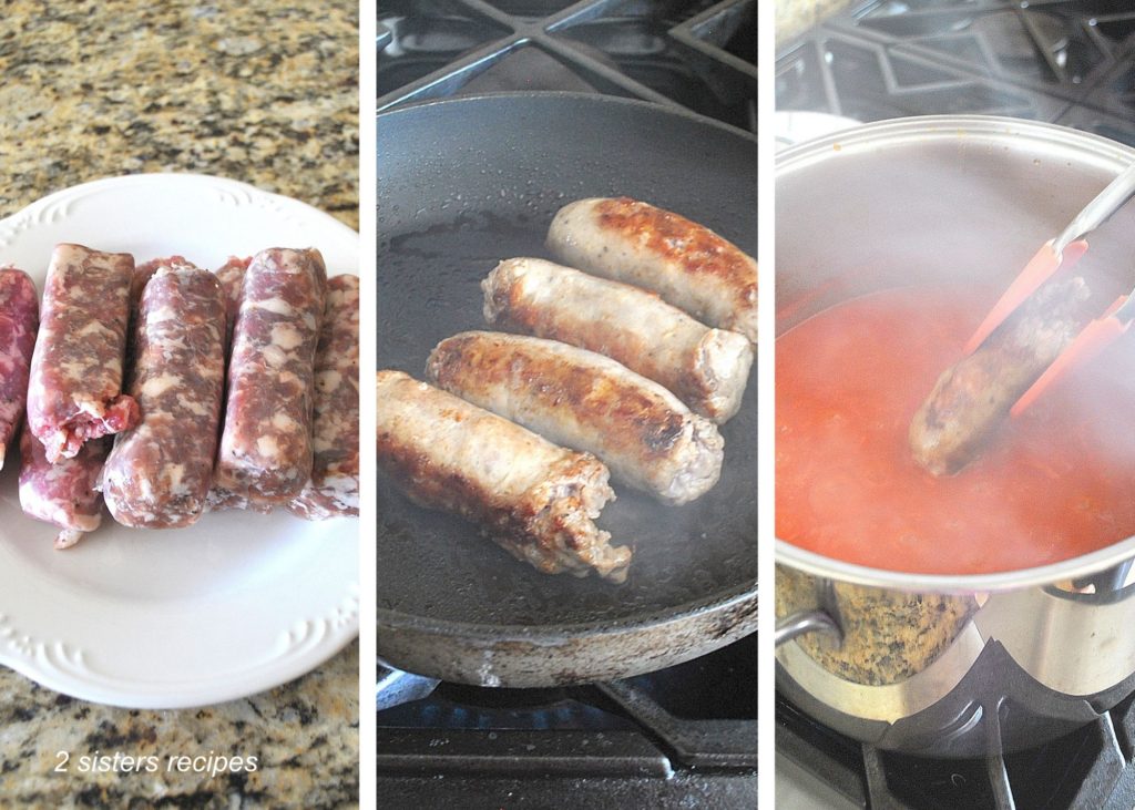 Sausage links cooking in a skillet. by 2sistersrecipes.com