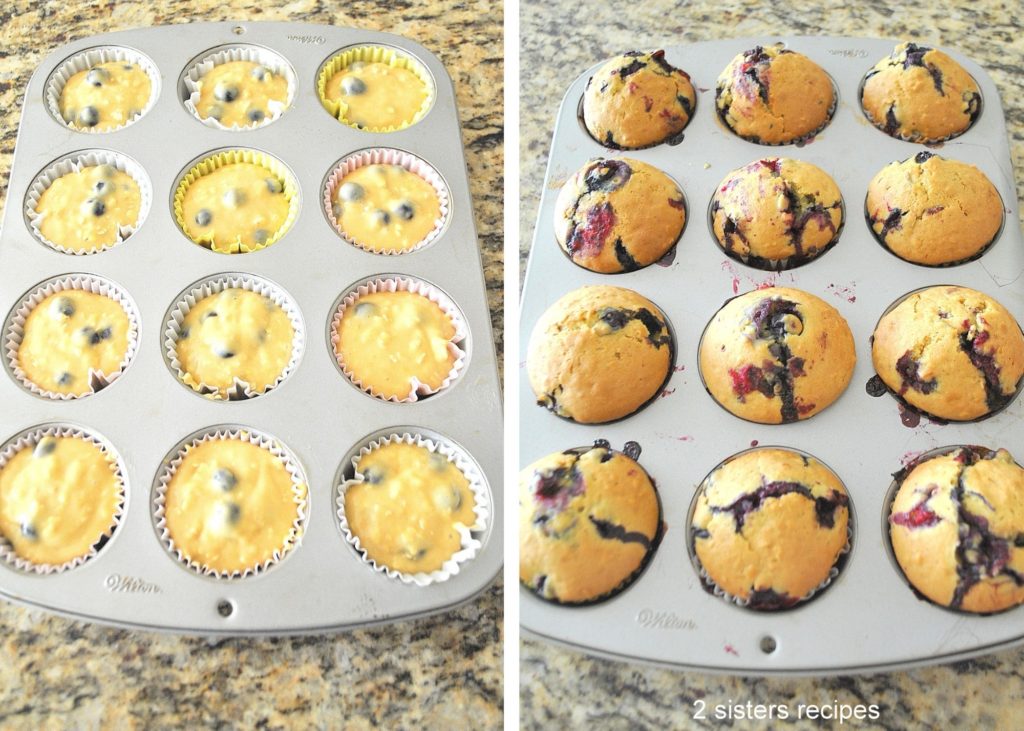 Batter of the muffins in the muffin pan and then baked. by 2sistersrecipes.com 