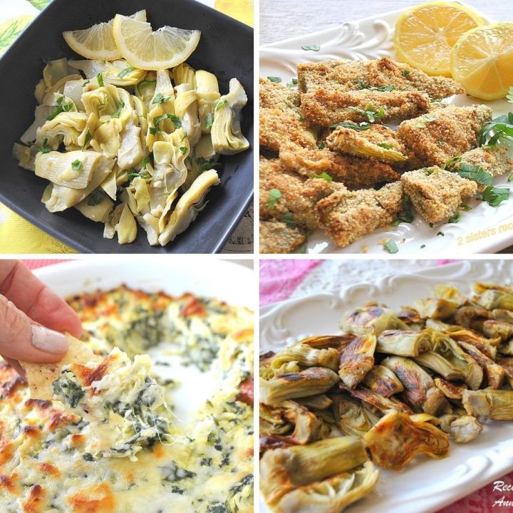Three different platters and a black bowl filled with baked artichokes hearts.
