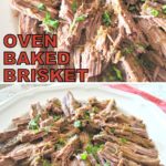 Baked brisket is cut into pieces and served on a white plate.