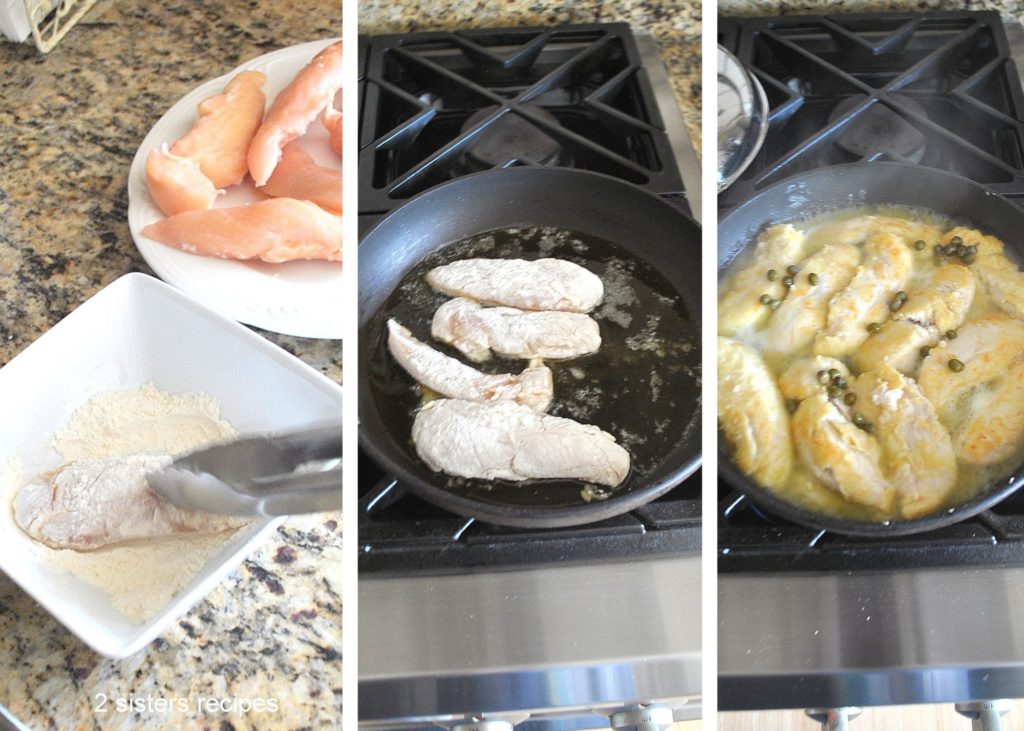 Steps to dredging chicken tenders in flour, and cooking chicken tenders in a skillet on stove top.  