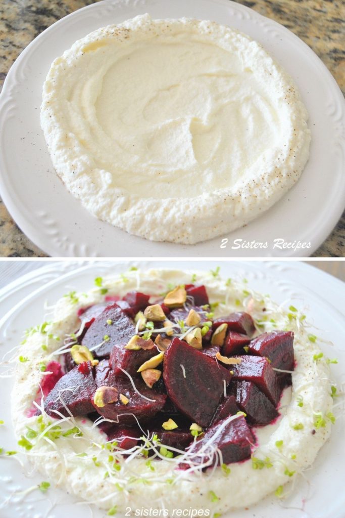 Creamy ricotta in a plate, and photo of the beet salad over it. by 2sistersrecipes.com 