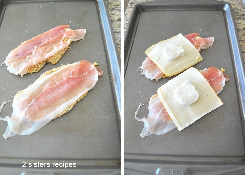 A slice of prosciutto is laid on each breaded cutlet. by 2sistersrecipes.com 