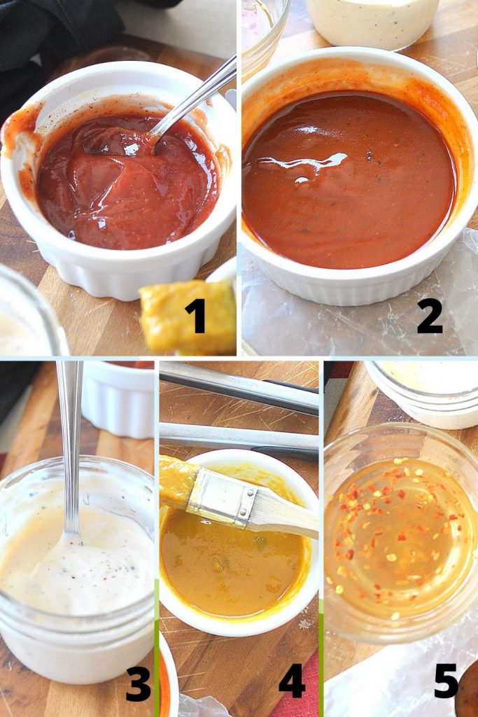 5 photos of different bowls displaying each sauce. by 2sistersrecipes.com