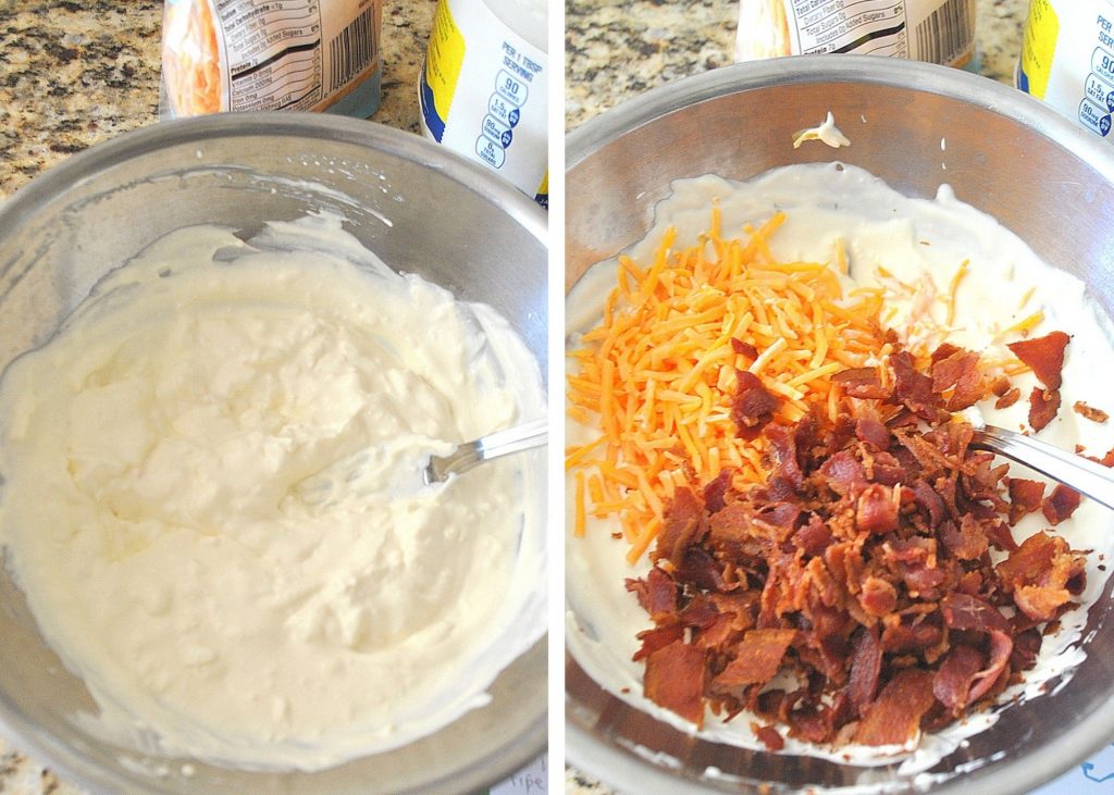 Photos of the creamy cheese mixture and another photo with the cheddar cheese and crumbled bacon tossed in. by 2sistersrecipes.com 