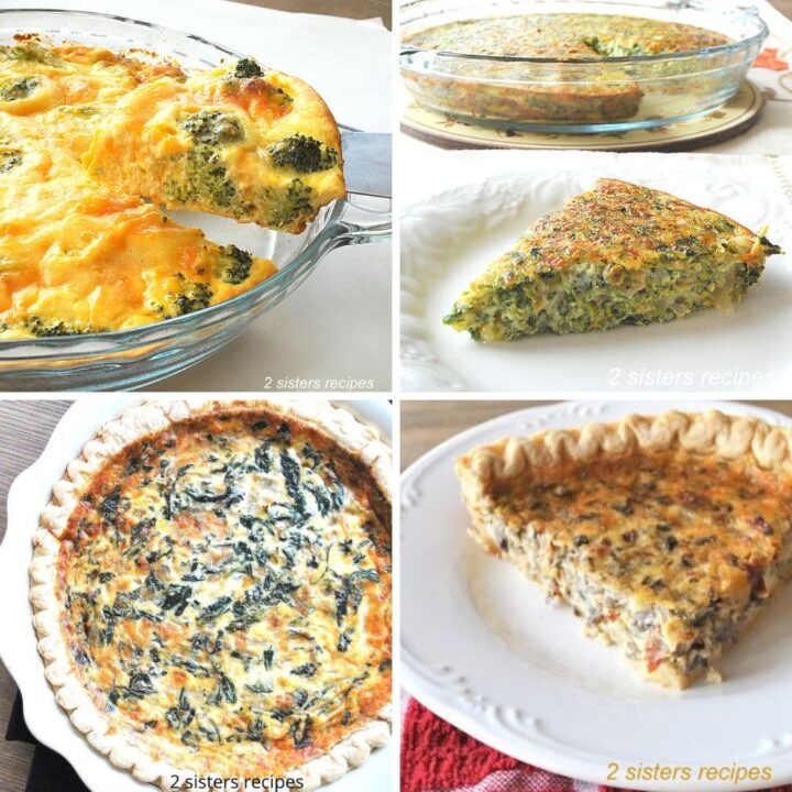 slices of different quiches served on white plates.