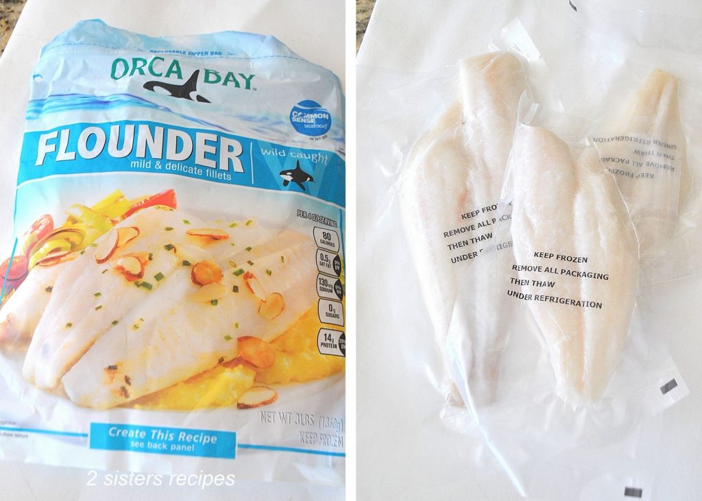 a photo of the packaging of the frozen flounder. by 2sistersrecipes.com 