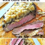 Grilled Flank Steak is carved on a wood carving board.