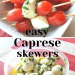 A white bowl filled with skewers with cherry tomatoes and marinated cheese balls.