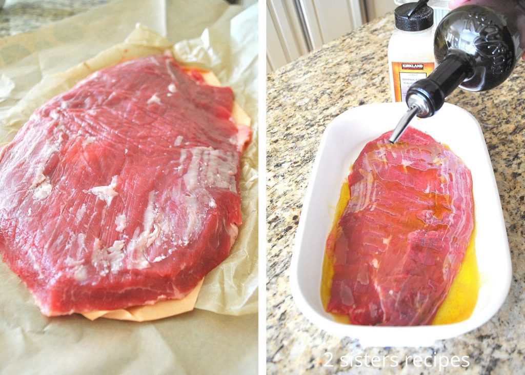 A photo of the raw steak inside a white plastic container. by 2sistersrecipes.com