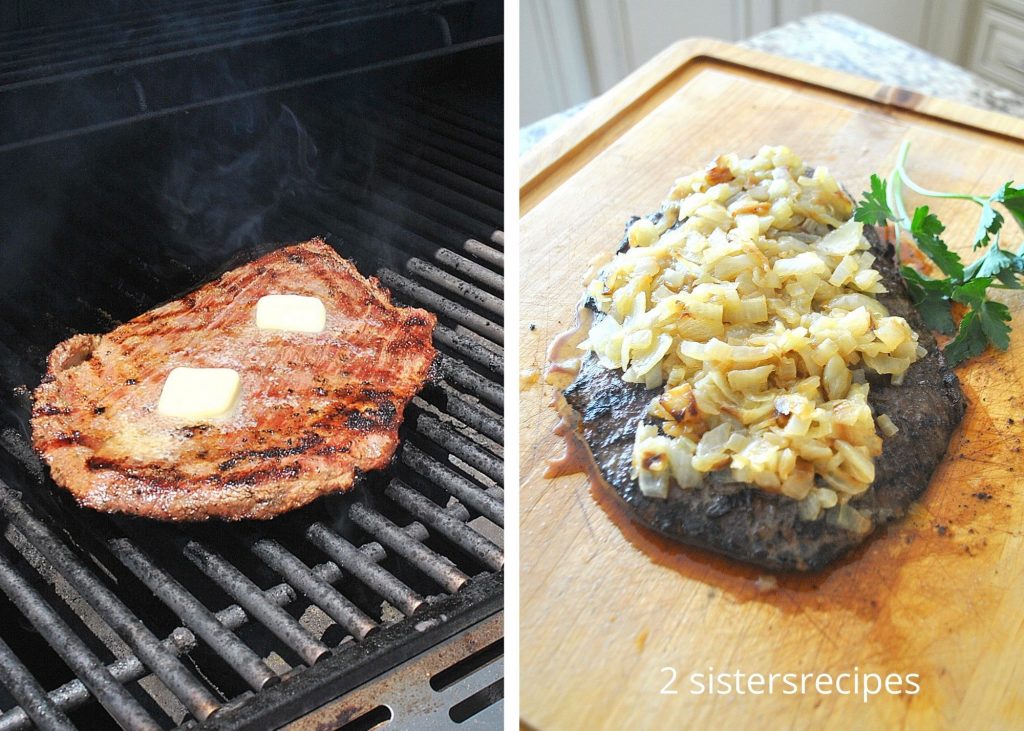 steak on a cutting board with onions on top. by 2sistersrecipes.com 