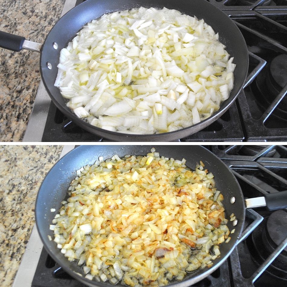 Onions cooking in a skillet. by 2sistersrecipes.com