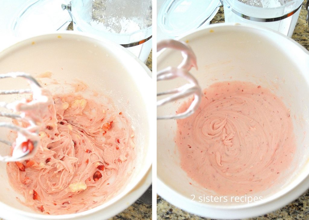beating in a white bowl the frosting. by 2sistersrecipes.com