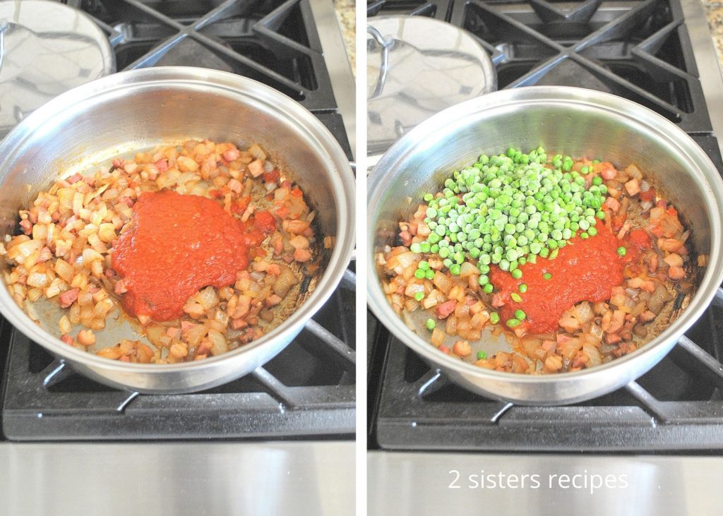 Some tomato sauce and frozen peas are added to the onion mixture in the skillet. by 2sistersrecipes.com