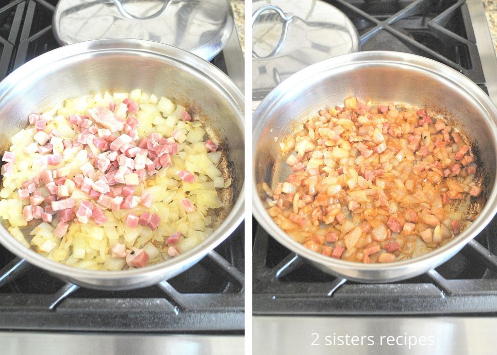 A large skillet with onions and chopped pancetta. by 2sistersrecipes.com 