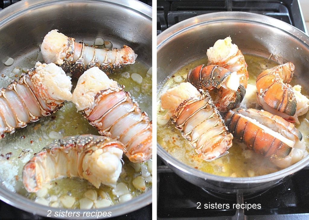 Lobster tails are turned over in a large deep pan. by 2sistersrecipes.com 