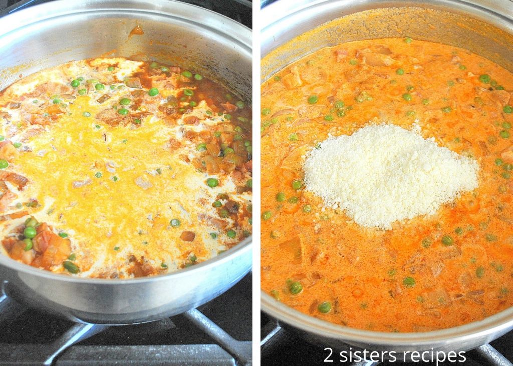 The cream is poured into the skillet to blend with the mixture. by 2sistersrecipes.com 