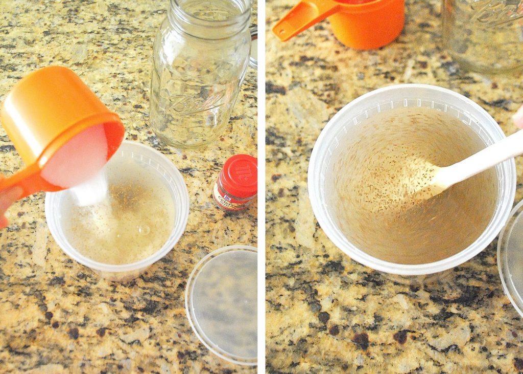 Sugar is poured into the liquid mixture a plastic container. by 2sistersrecipes.com